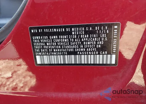 2017 Volkswagen Jetta 1.4T S из США, поврежденный, VIN 3VW2B7AJ7HM280170